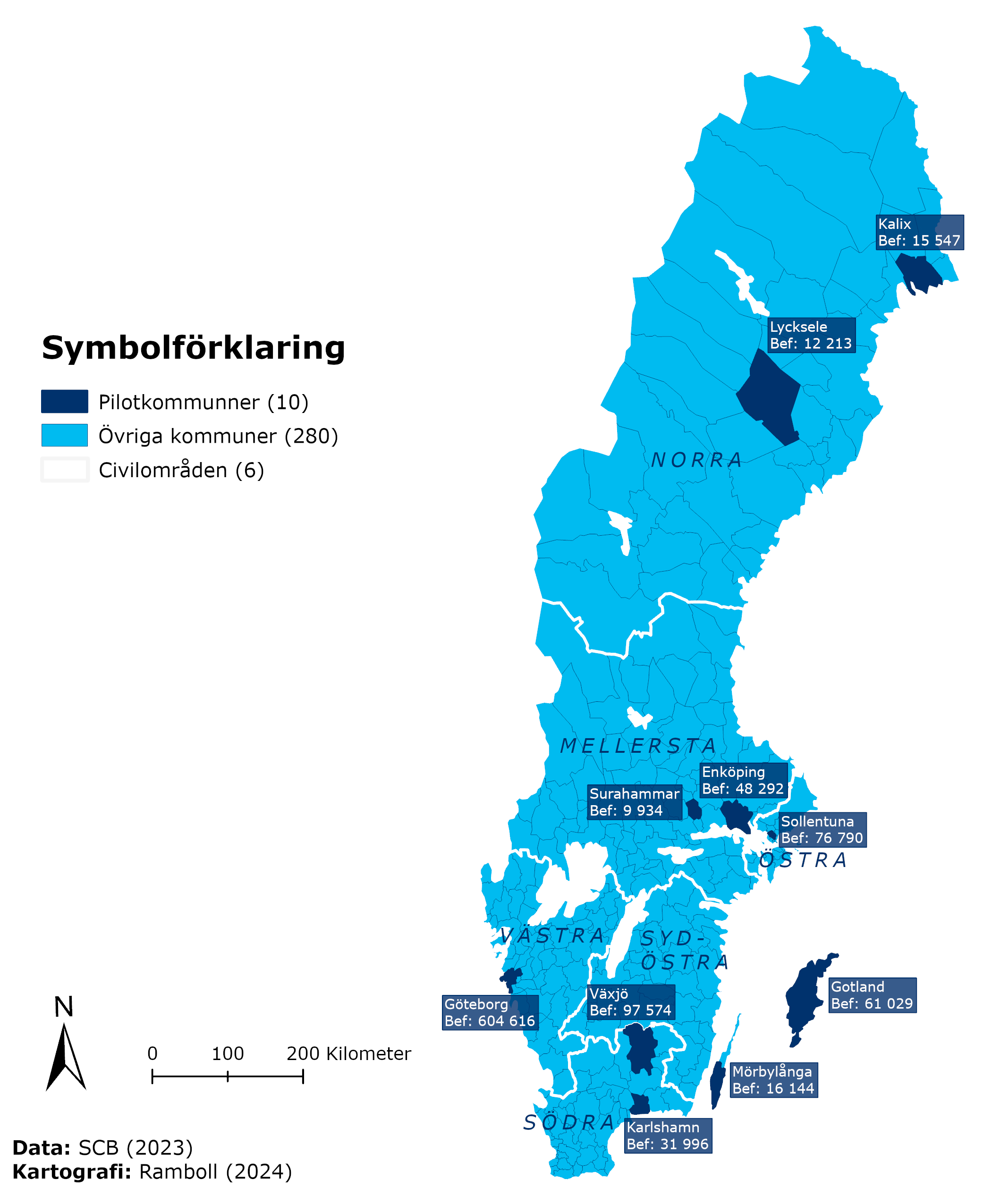 Karta som visar pilotkommuner som ingår i projektet. I pilotprogrammet deltar Kalix, Lycksele, Surahammar, Enköping, Sollentuna, Mörbylånga, Gotland, Karlshamn, Göteborgs stad och Växjö.