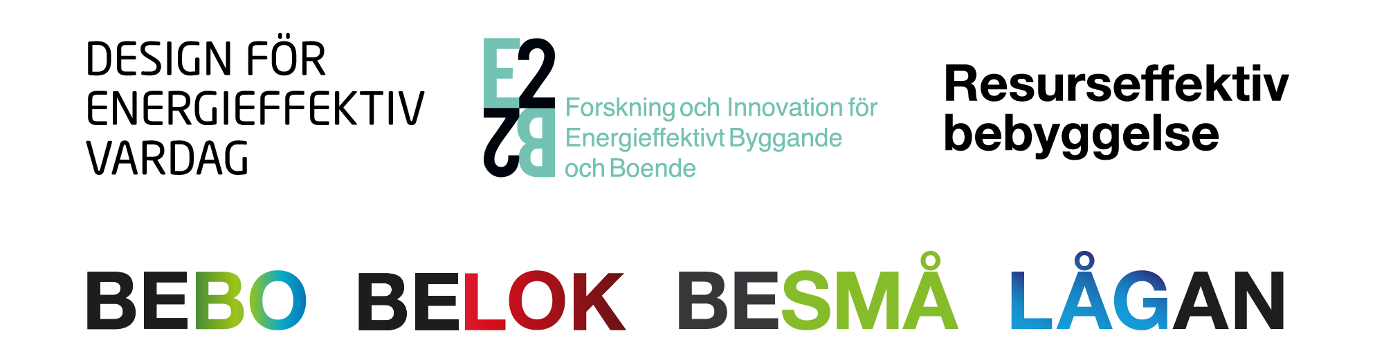 Logotyper E2B2, Besmå, Belok, Bebo, DEV, Lågan och Resurseffektiv bebyggelse